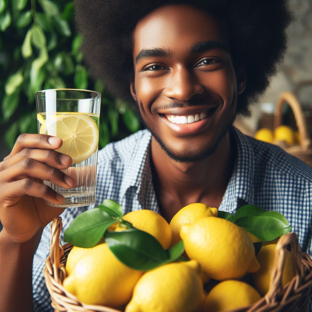 Image of an African man holding a glass of water with a sliced lemon to showcase its benefits for men's health