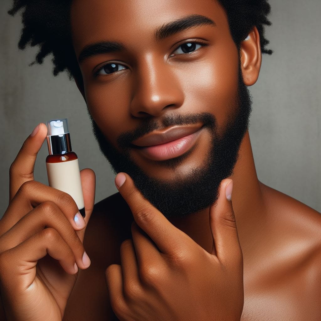 A-black-man-using-beard-skincare-products-and-showcasing-healthy-beard