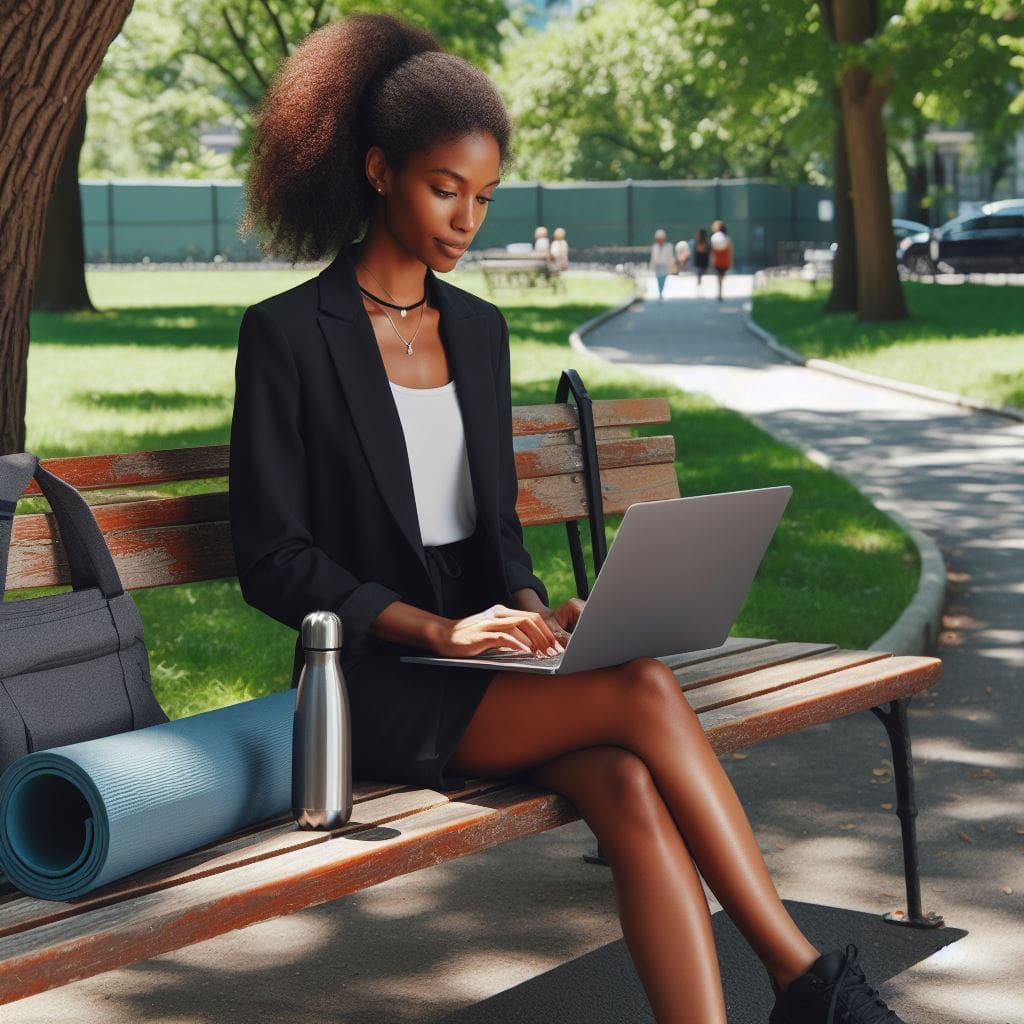 A-black-woman-in-business-attire-working-on-a-laptop. Image for healthy habits for busy professionals