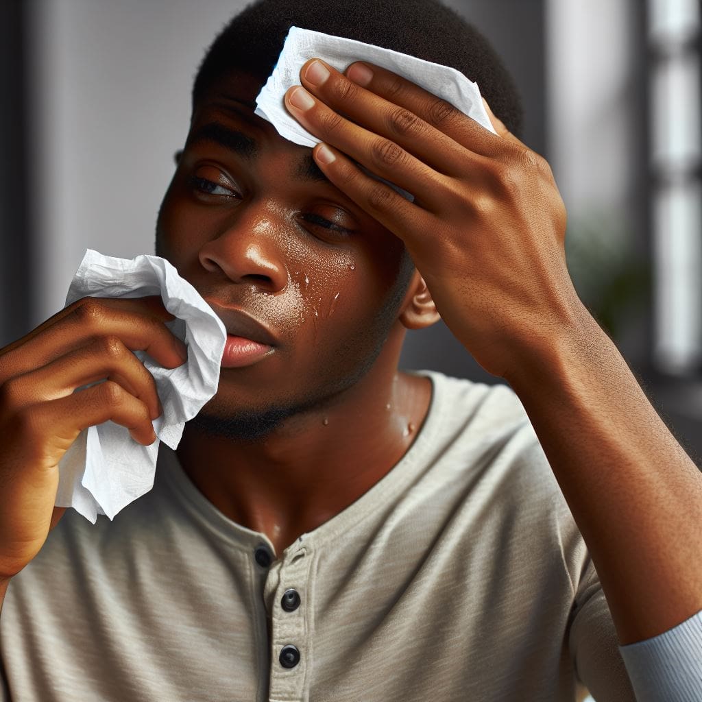 A young man experiencing the condition of excessive sweating