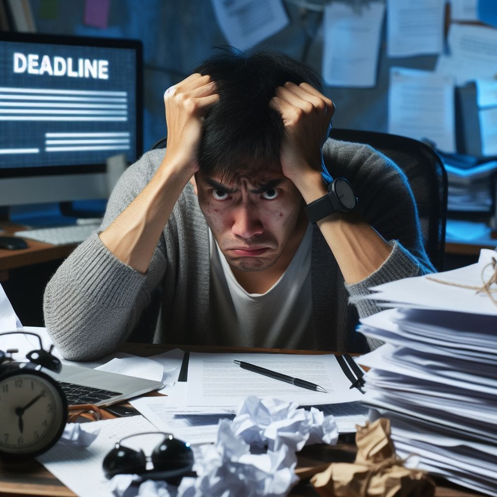 A stressed employee overwhelmed by a heavy workload at a messy desk