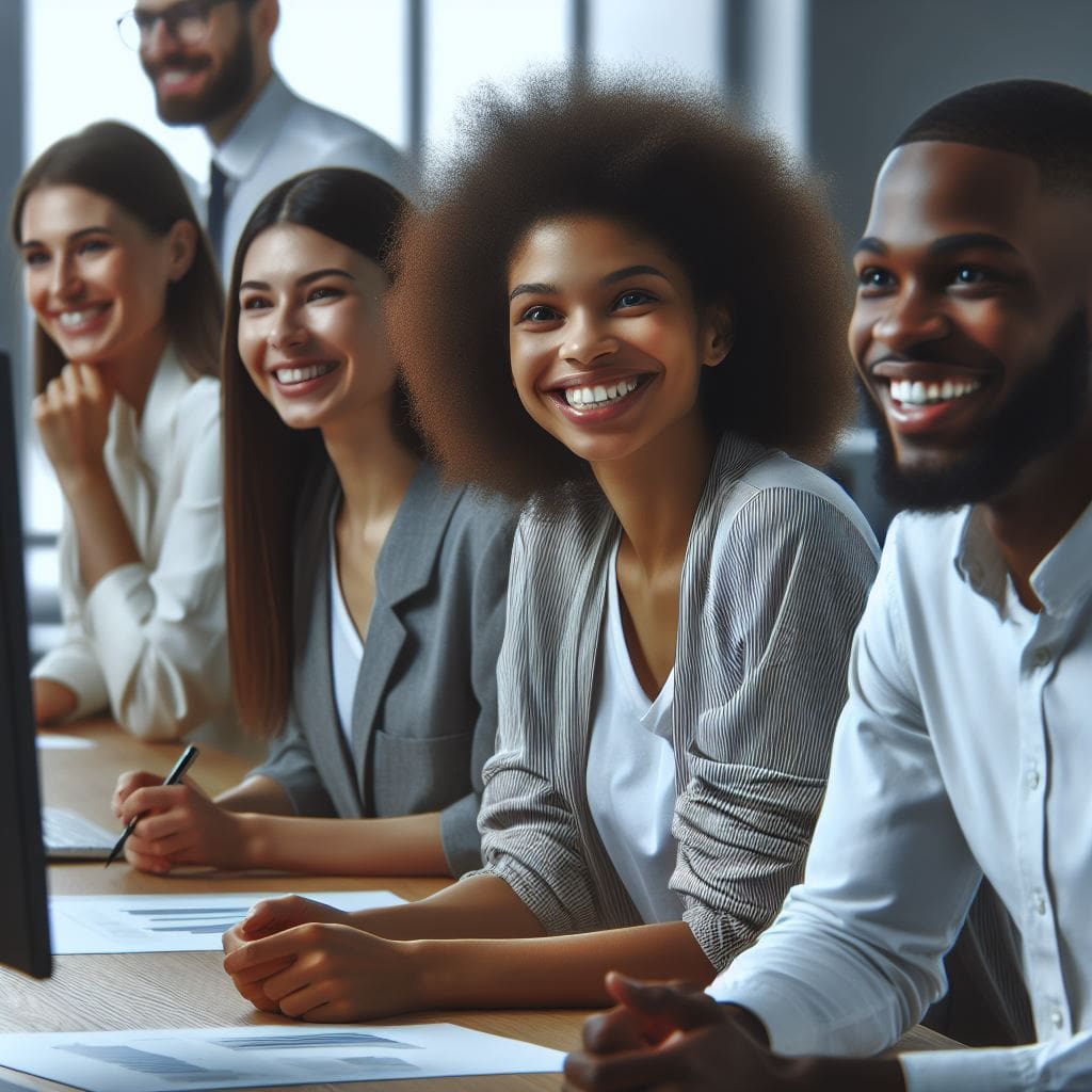 A-photorealistic-image-depicting-employee-engagement-showing-a-group-of-colleagues-3-4-people-working-together-in-a-modern-office-setting