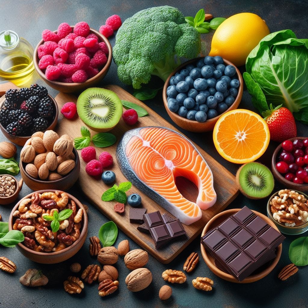 A colorful plate overflowing with brain-boosting foods like salmon, berries, leafy greens, nuts, and dark chocolate, illustrating the Brain-food connection between diet and mental well-being.