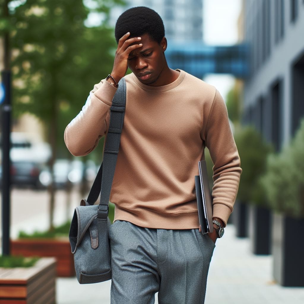 Man walking on a sidewalk looking stressed, highlighting the impact of stress on men's sexual health.