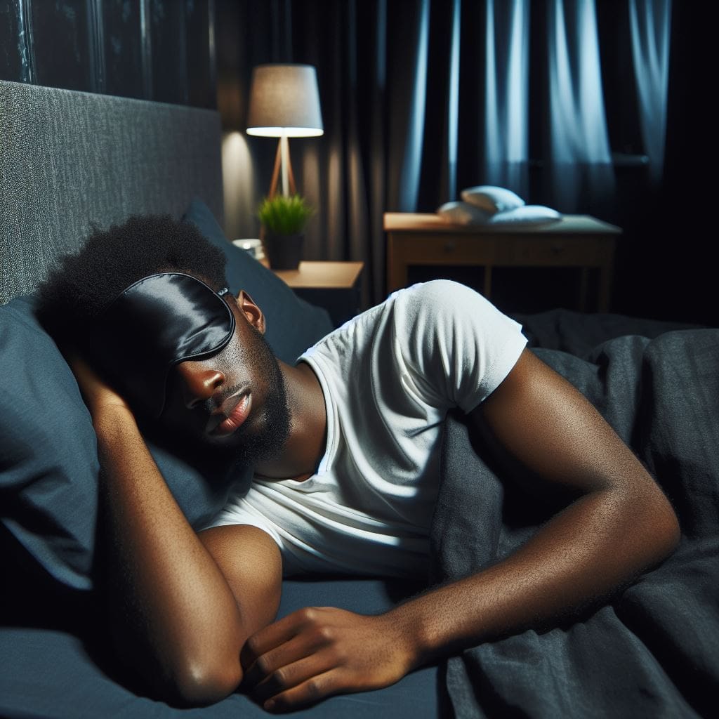 A man enjoying a restful night's sleep in a dark and cool bedroom optimized for sleep hygiene.