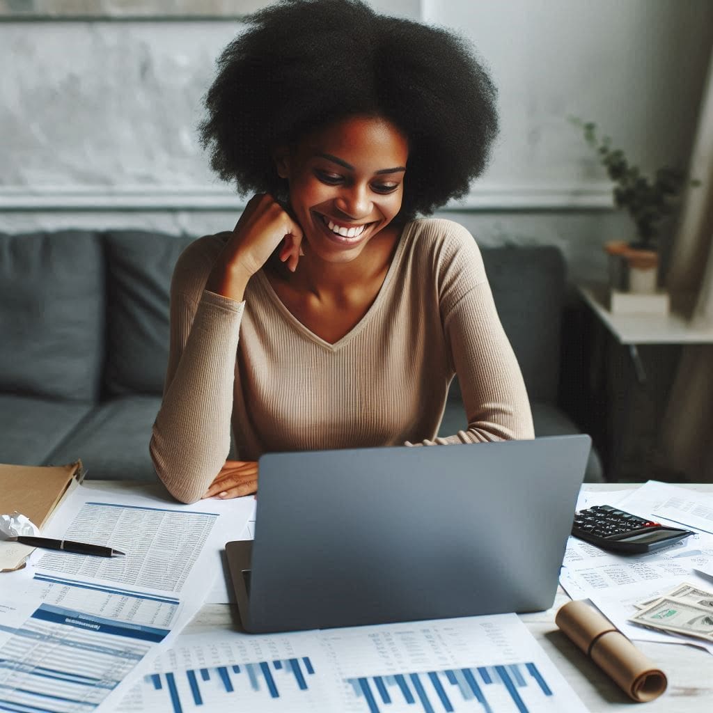 Person creating a budget on a laptop, feeling empowered about taking control of their finances