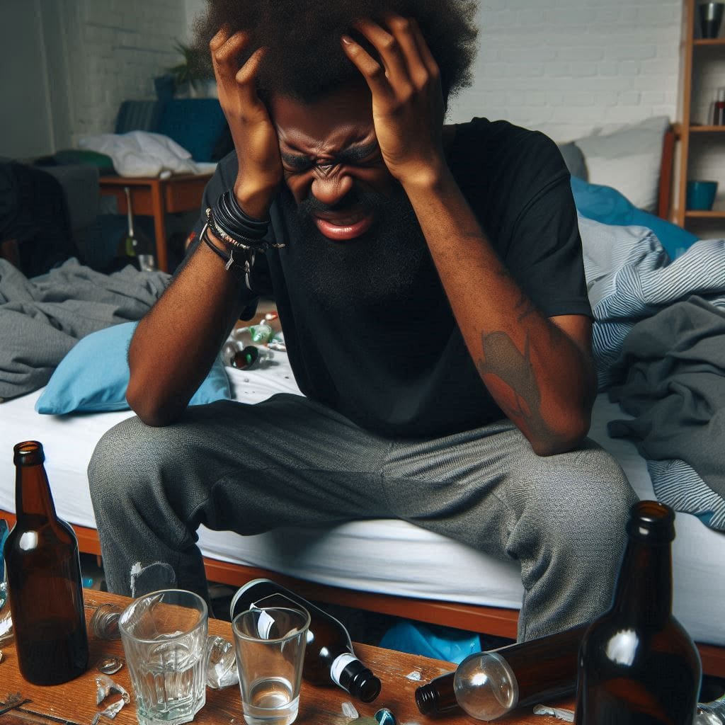 Person with a headache suffering from a hangover in a messy bedroom with empty alcohol bottles