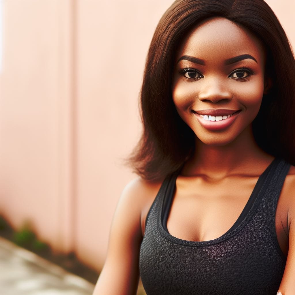 A young Nigerian woman smiling confidently, with a focus on her health and strength.