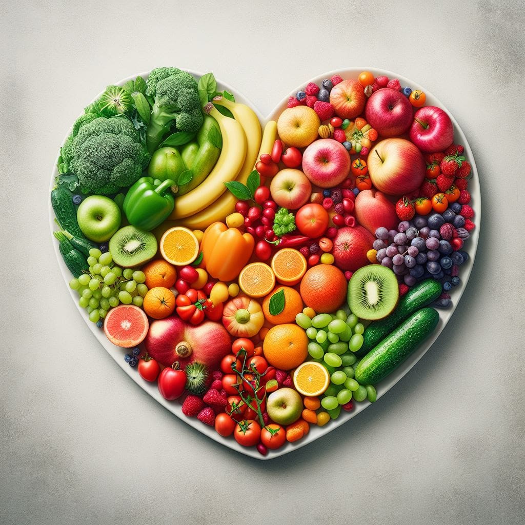 A colorful plate filled with a variety of fresh fruits and vegetables, representing a heart-healthy diet.