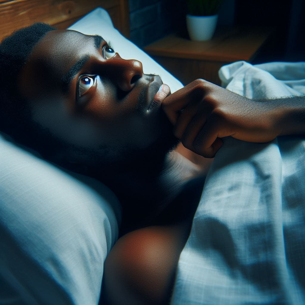 A person lying in bed awake, looking at the ceiling, due to sleep problem.