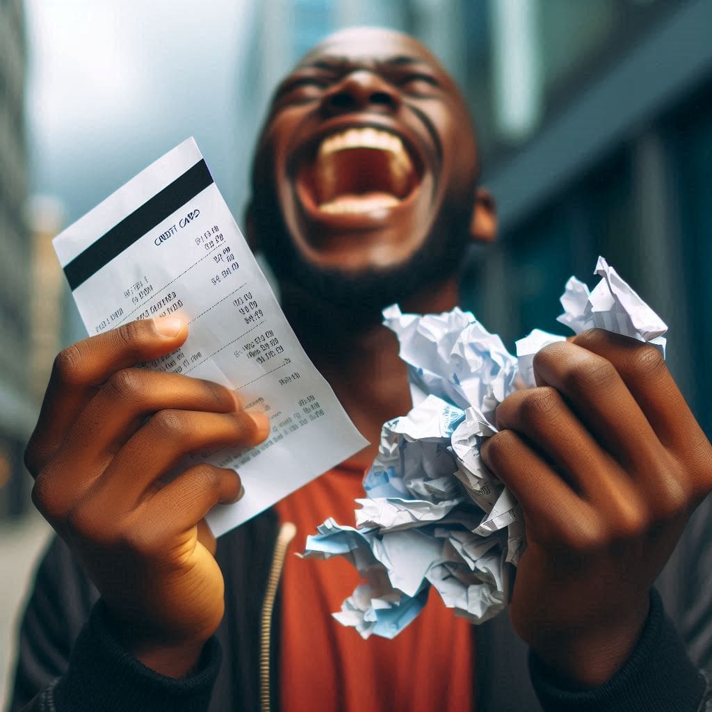 Person celebrating freedom from credit card debt by crumpling a receipt.