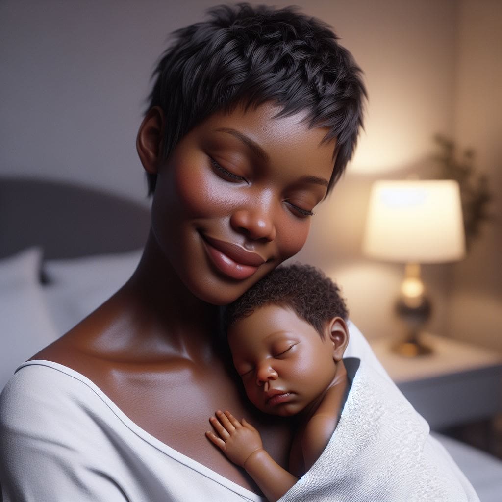 New mom resting peacefully in bed, cuddling her sleeping newborn baby.