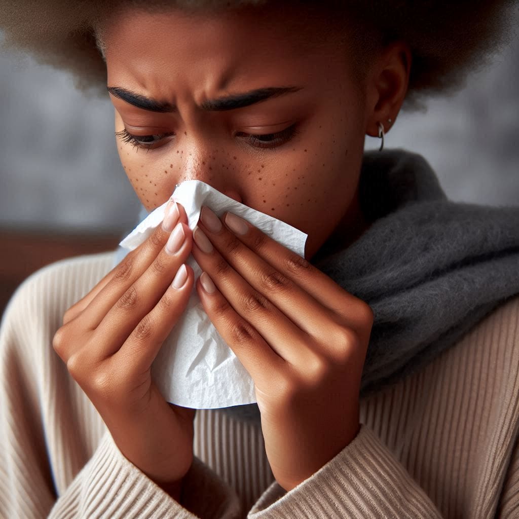 a person coughing, covering their mouth and nose with a tissue