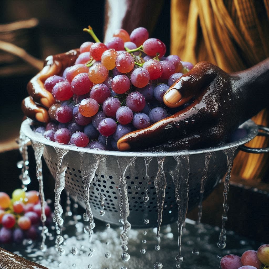 A person washing a bunch of grapes under running water in a colander.