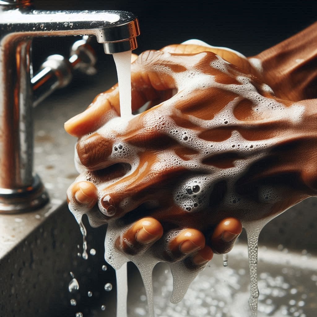 Hands being washed thoroughly with soap and water under a faucet.