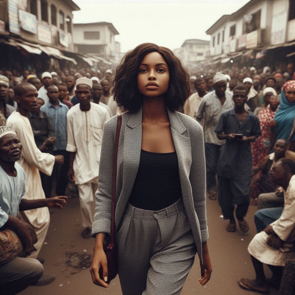 Overcoming stigma. A young Nigerian woman with epilepsy walks confidently through a marketplace despite curious and apprehensive stares.