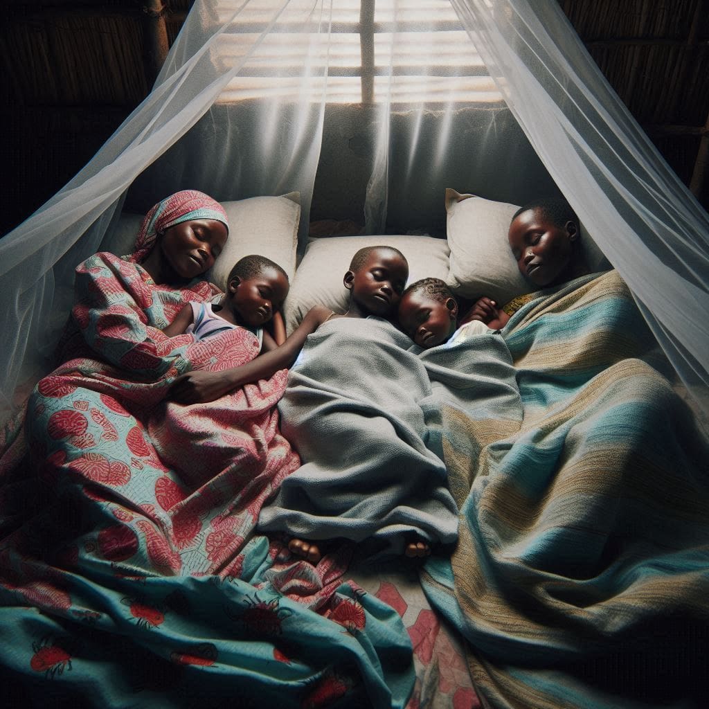 Family sleeping under an insecticide-treated net to prevent malaria