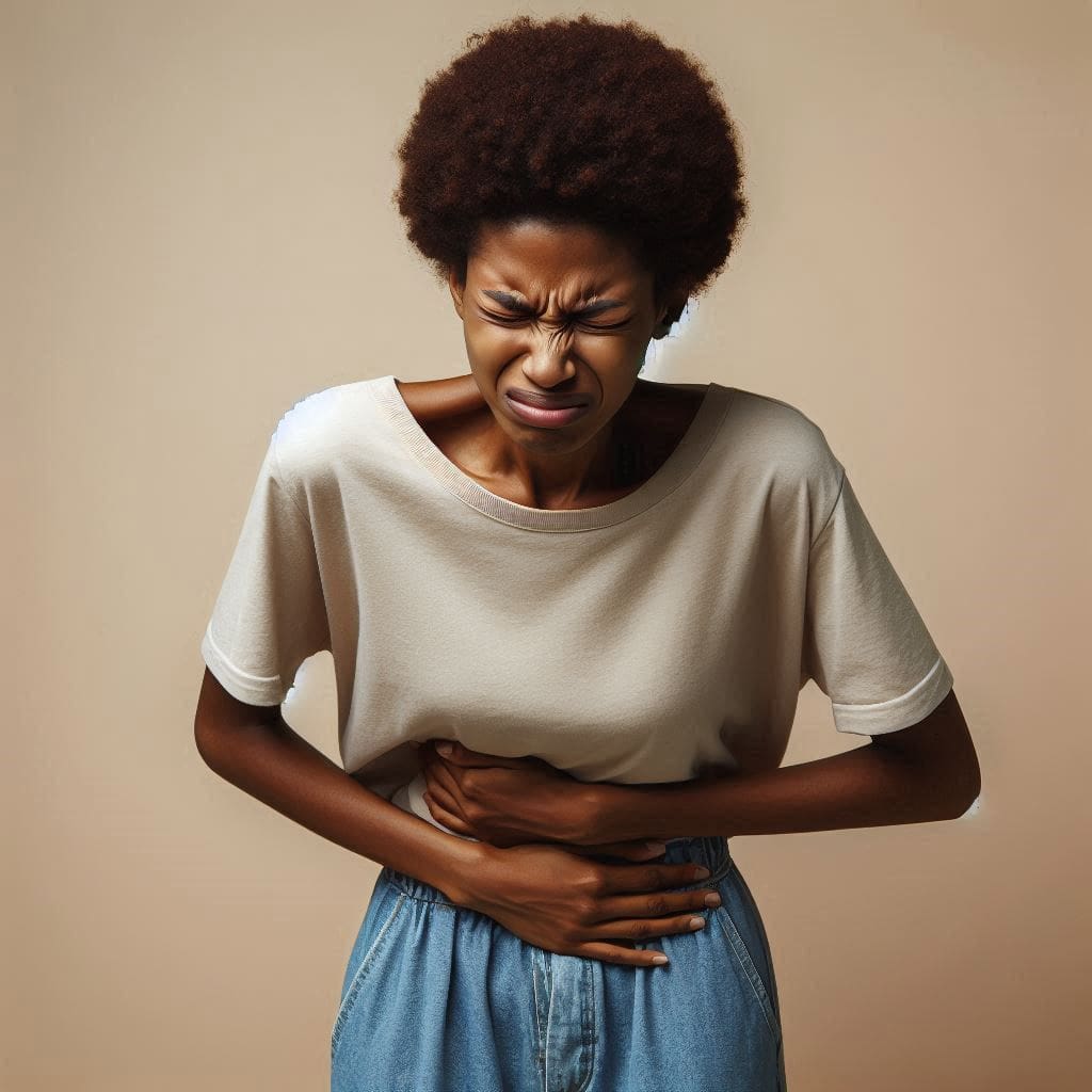 Person experiencing upper abdominal pain, a common symptom of peptic ulcers disease.