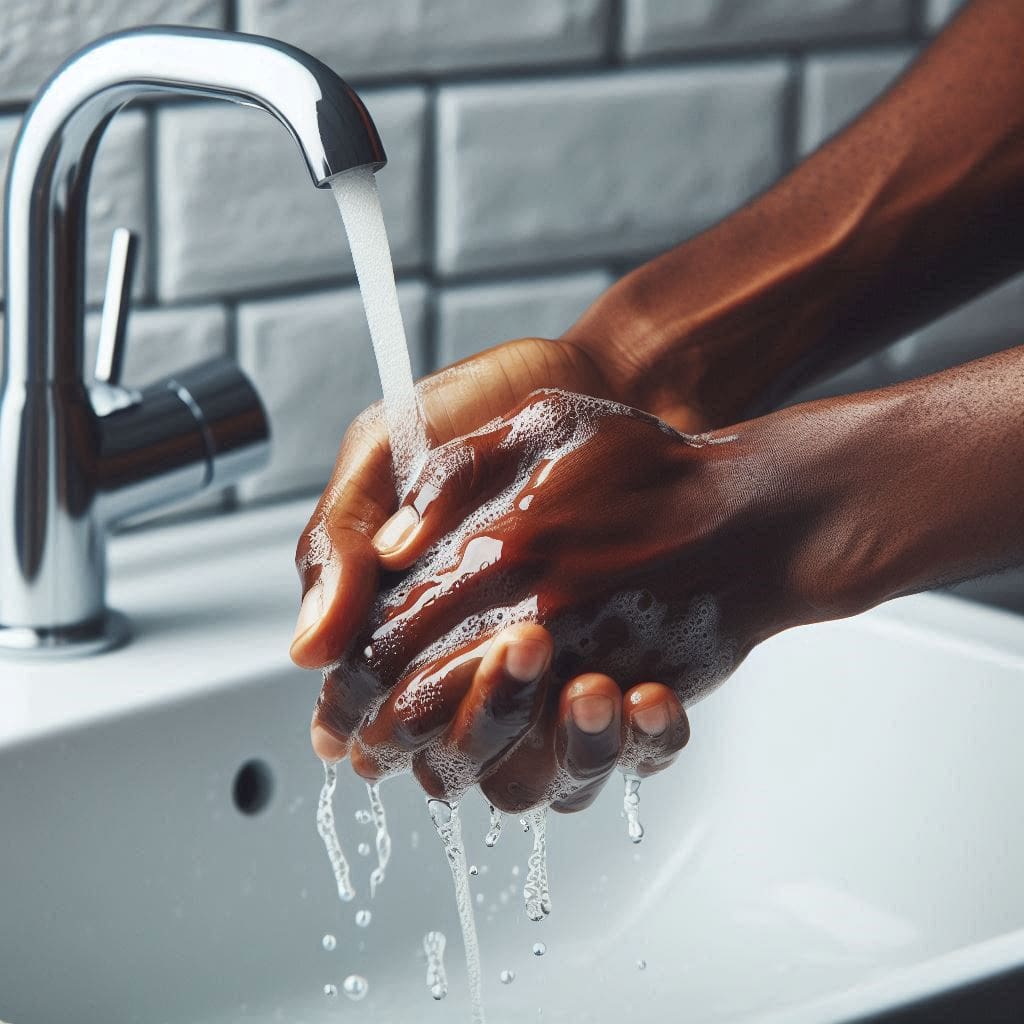 A person properly washing their hands with soap and clean water to prevent cholera