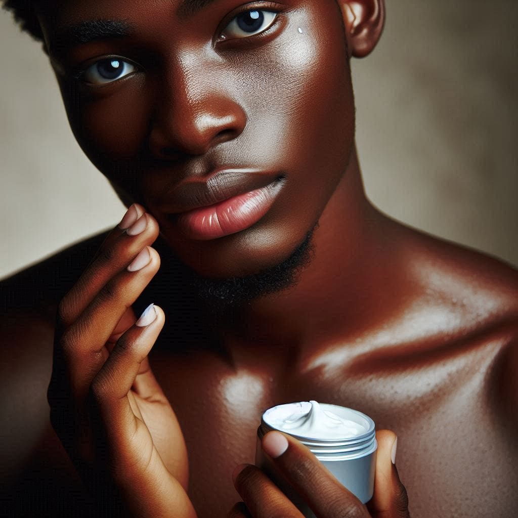 An African person applying moisturizer to their skin