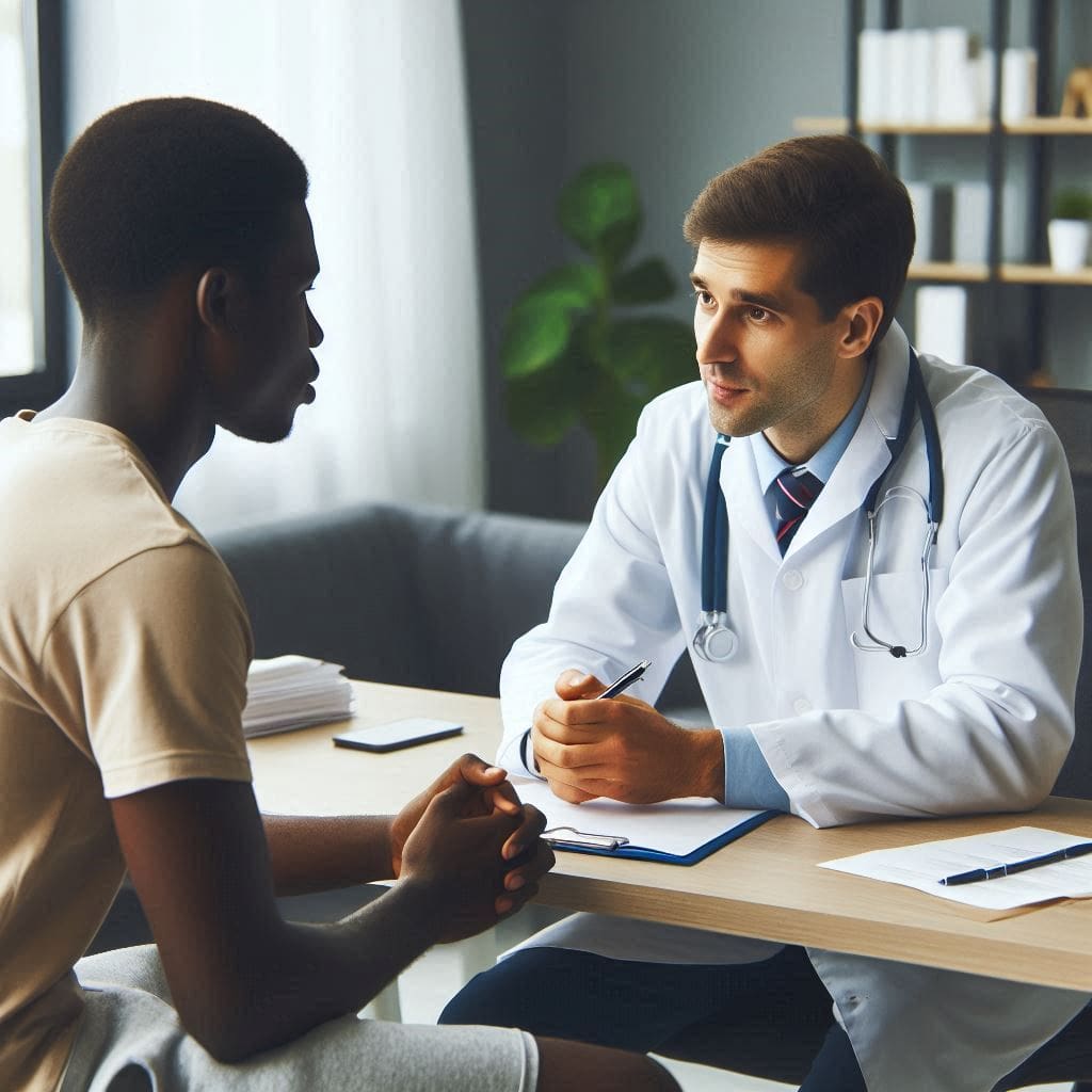 A doctor and a Nigerian patient sitting face-to-face, consulting with each other. An illustration of Regular Health Check-Ups in Nigeria