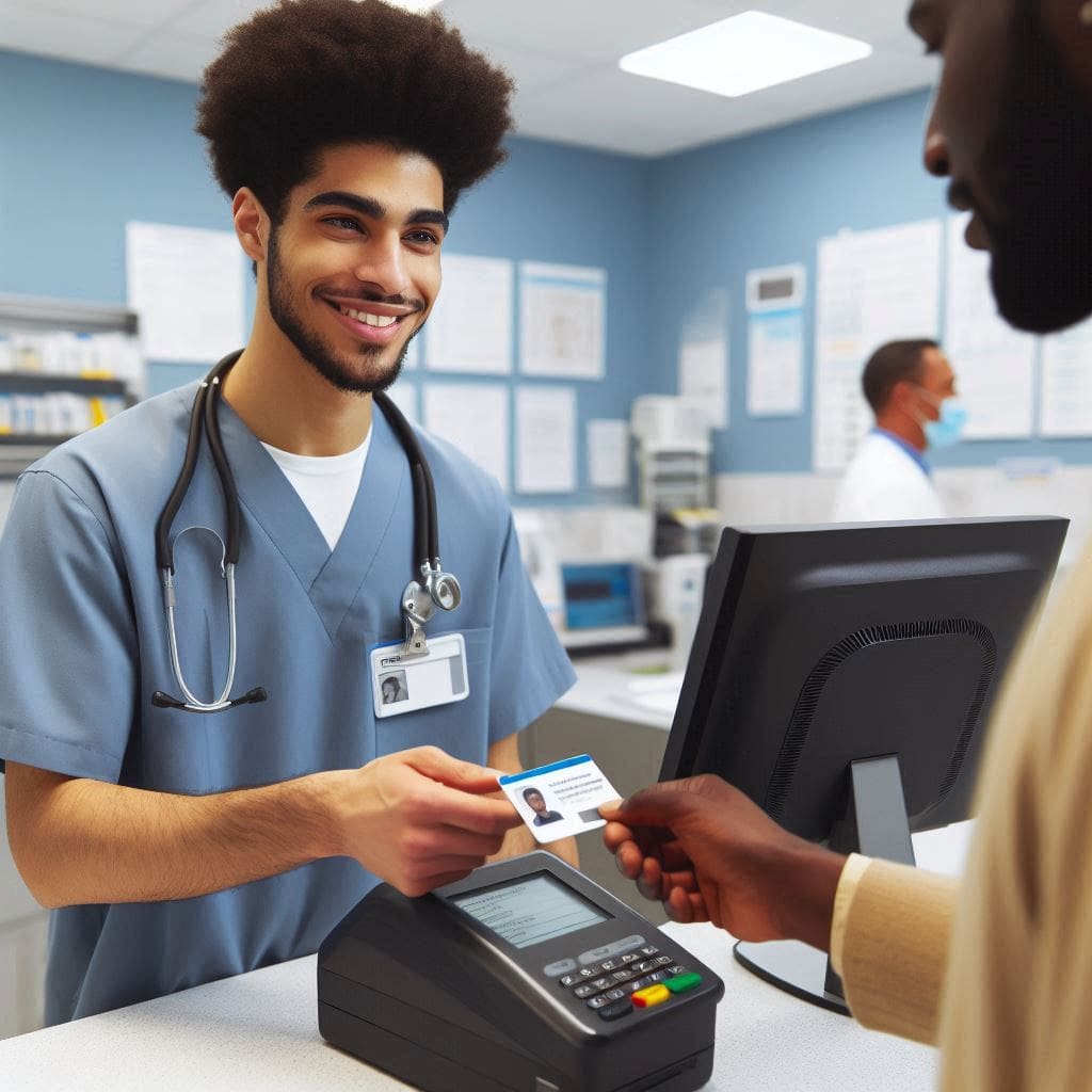 Hospital staff member using a digital check-in system with a patient's ID card.