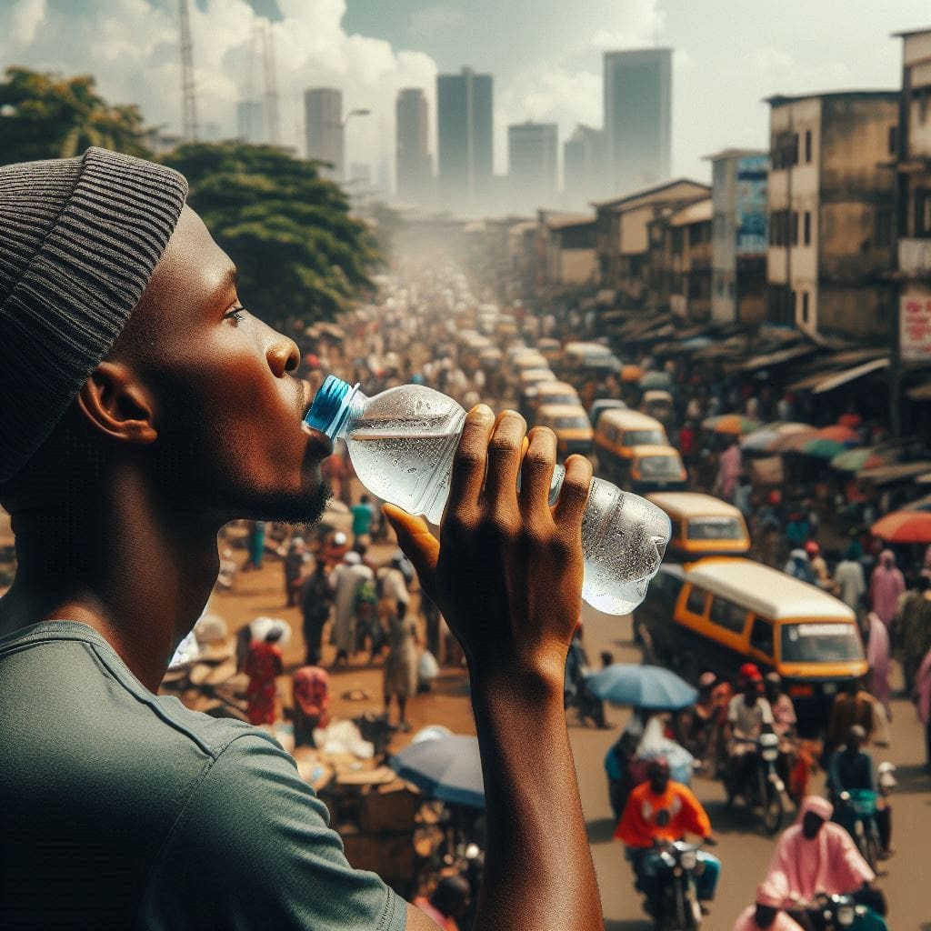 A person taking a refreshing sip of water from a reusable water bottle, with a backdrop of a bustling Nigerian street scene