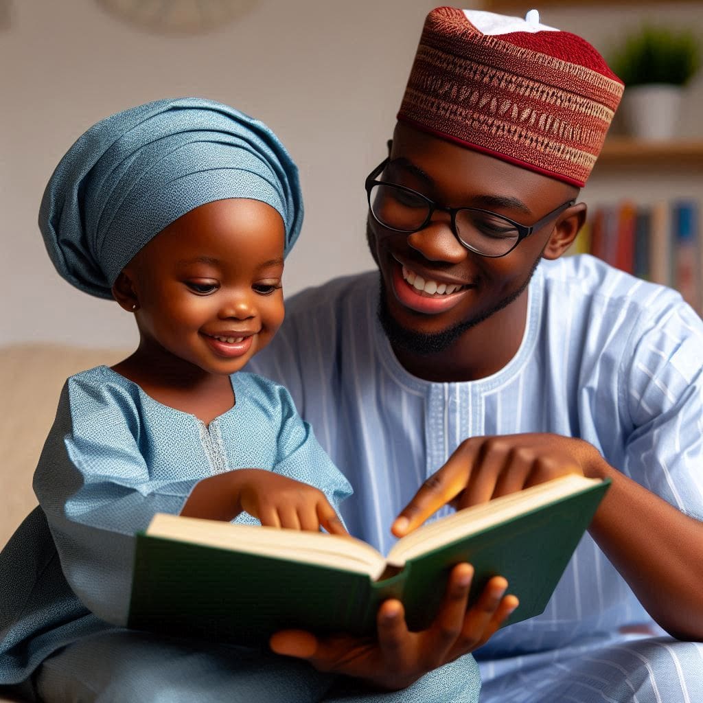 A photo of a parent and child reading a book together. The parent is pointing at the book while the child smiles attentively