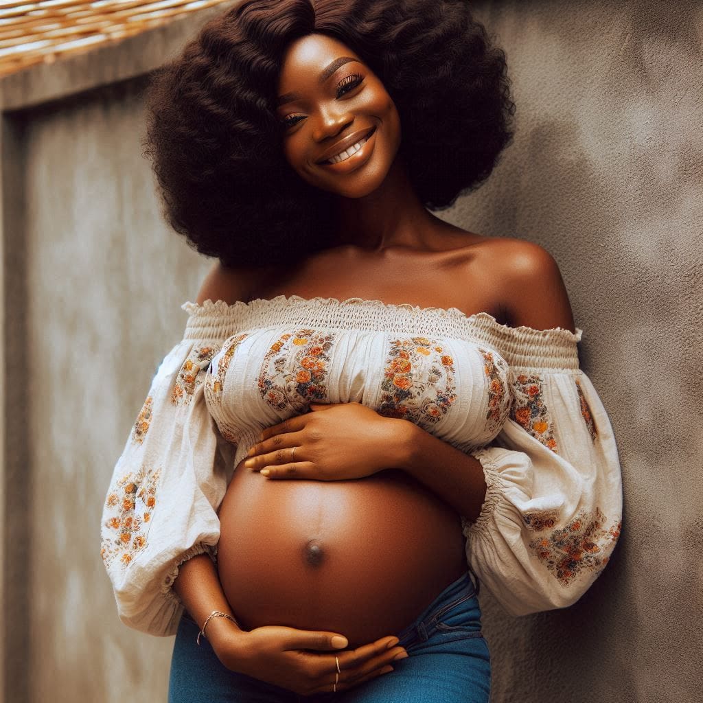 A photo of a smiling pregnant Nigerian woman lovingly cradling her belly