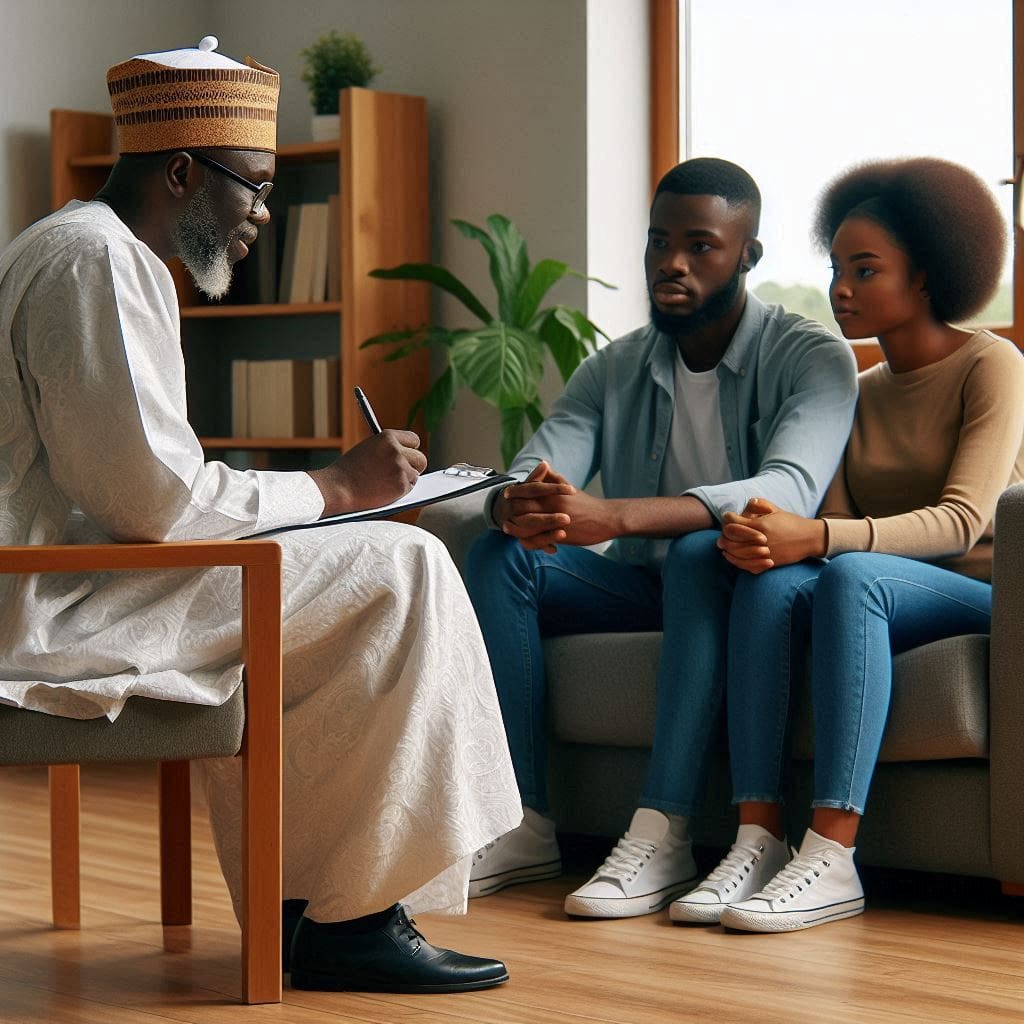 A counselor sitting in a chair, facing a couple sitting across from them. The counselor is taking notes in a notepad. Effective Marriage Counseling in Nigeria