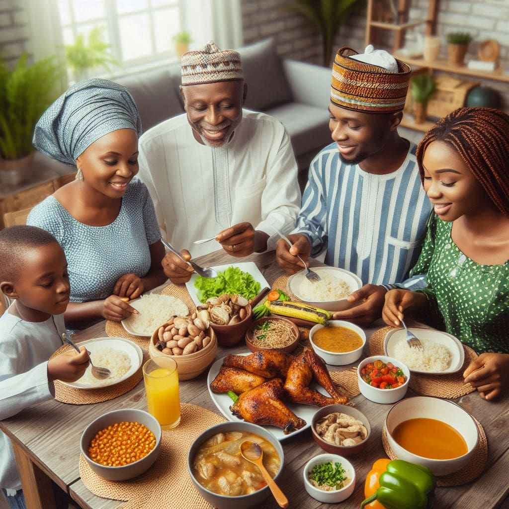 Nigerian family gathered around a table, enjoying a protein-rich meal with dishes like grilled chicken, fish, and beans.