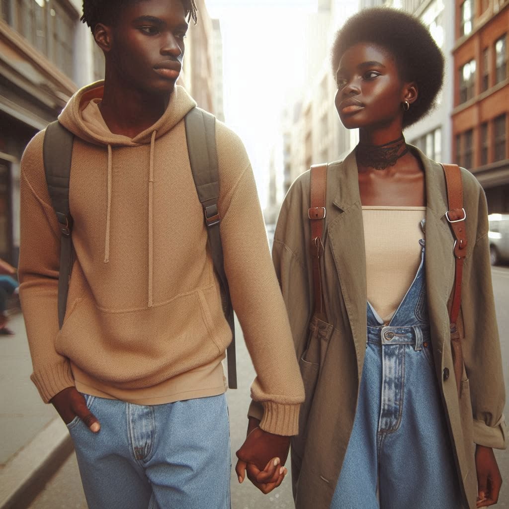 Two young people holding hands while walking down the street. A display of physical touch within the boundaries of consent.