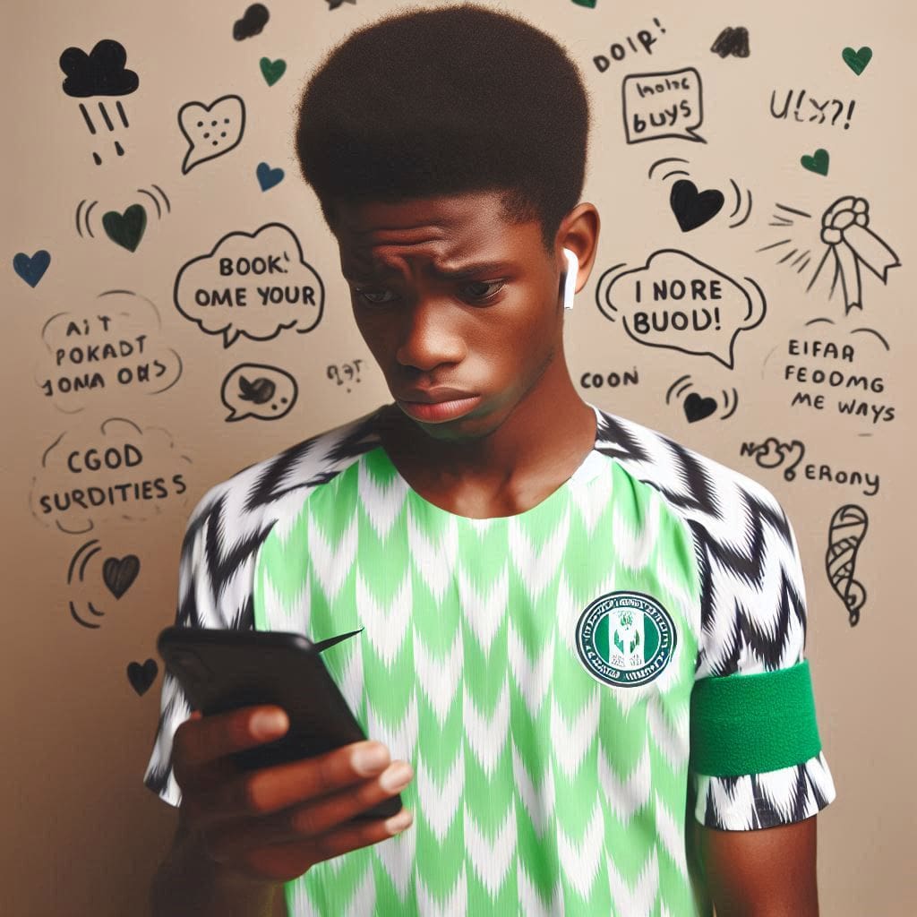 a Nigerian Teen that is looking at his phone and feeling very sad-cyberbullying