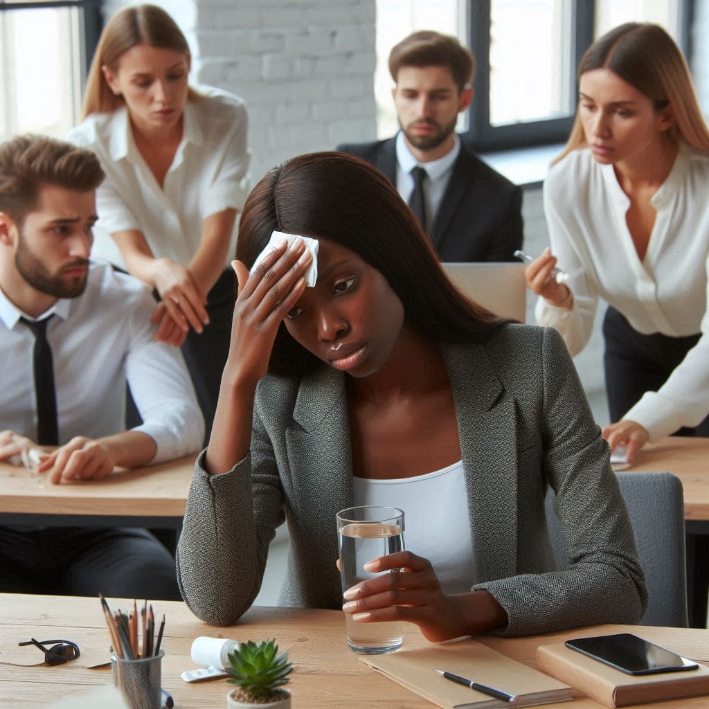 an African lady that is pretending to be sick in the office- malingering