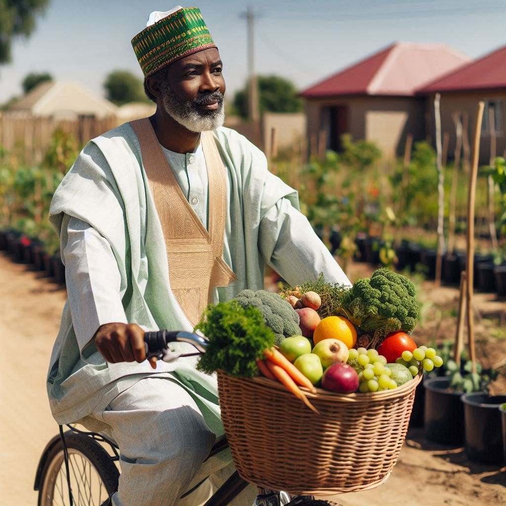 a Nigerian man on the bicycle with fruits-sustainable lifestyle