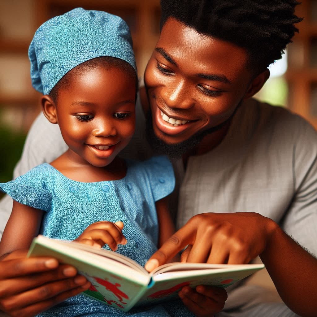 A-photo-of-a-Nigerian-parent-and-child-reading-a-book-together. Traditional roles of Nigerian men in family dynamics