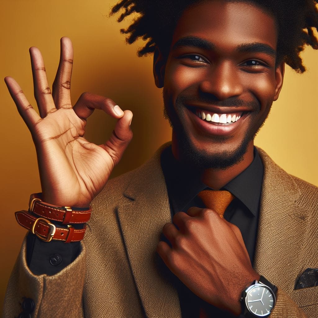 A black man confidently smiling, with his fingers signaling a sign of okay.