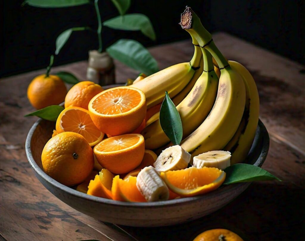 Bowl of sliced bananas and oranges—potassium-rich fruits that help alleviate menstrual cramps and fatigue.