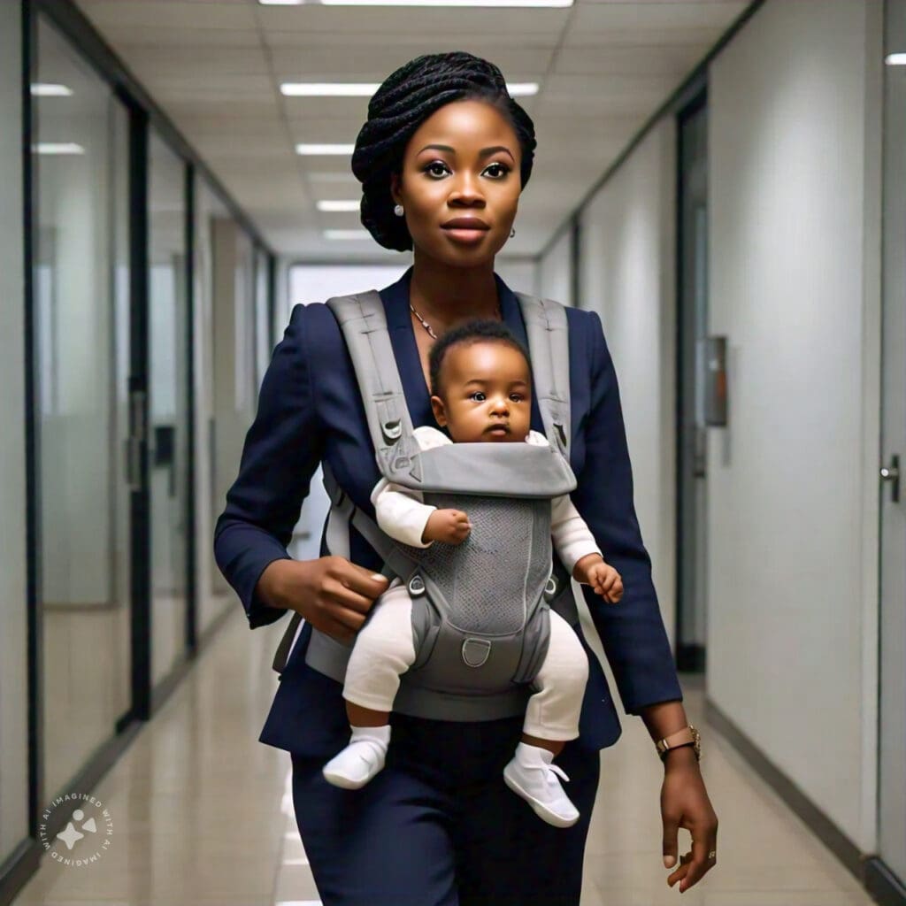 A Nigerian woman balancing Careers and Motherhood, walking in a hallway of an office space with her baby in a baby carrier. A show for Nursing Mothers in the Workplace