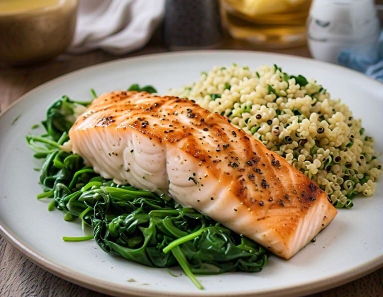 Iron-rich foods featuring grilled salmon, spinach, and quinoa for boosting energy and health.