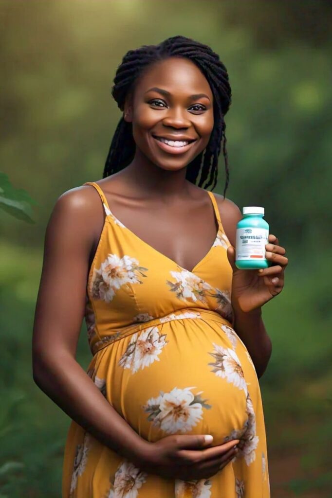 A smiling pregnant Nigerian woman holding a bottle of prenatal vitamins