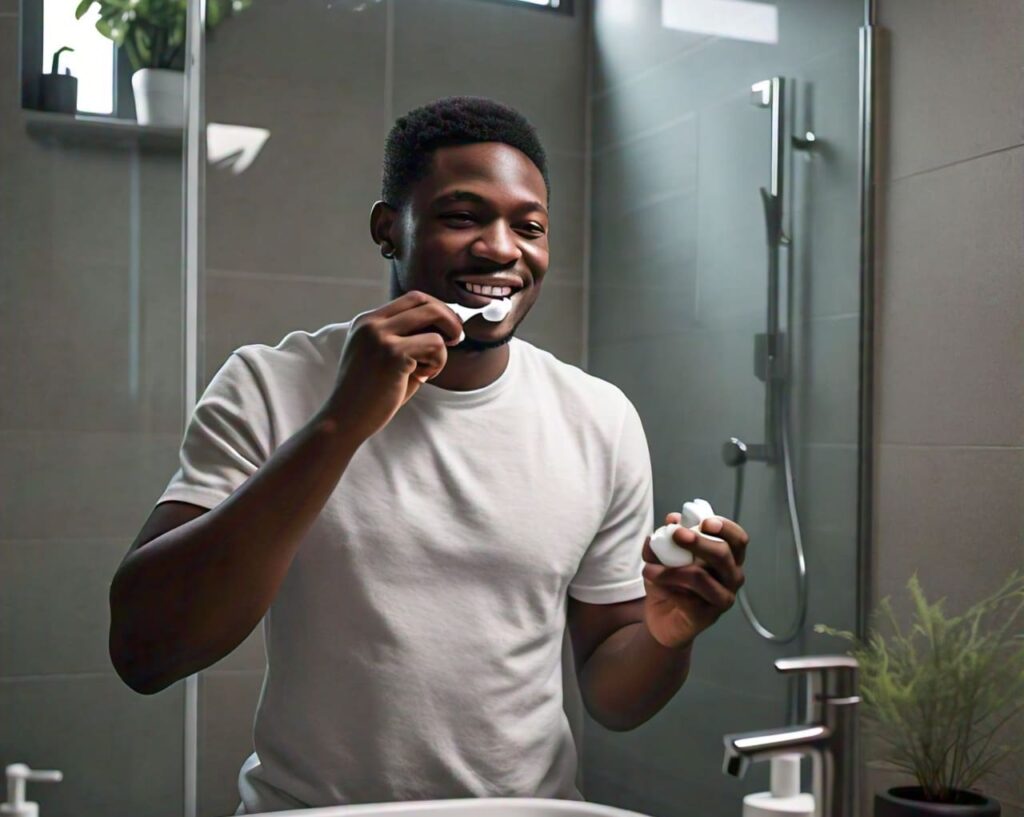 Nigerian individual brushing teeth in the morning to maintain oral hygiene