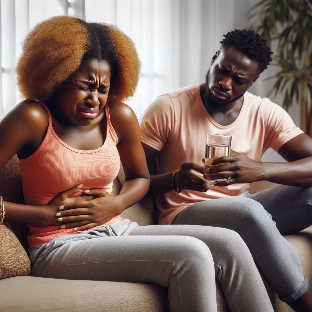 a Nigerian lady having serious abdominal pain- one of the symptoms of ovarian cysts