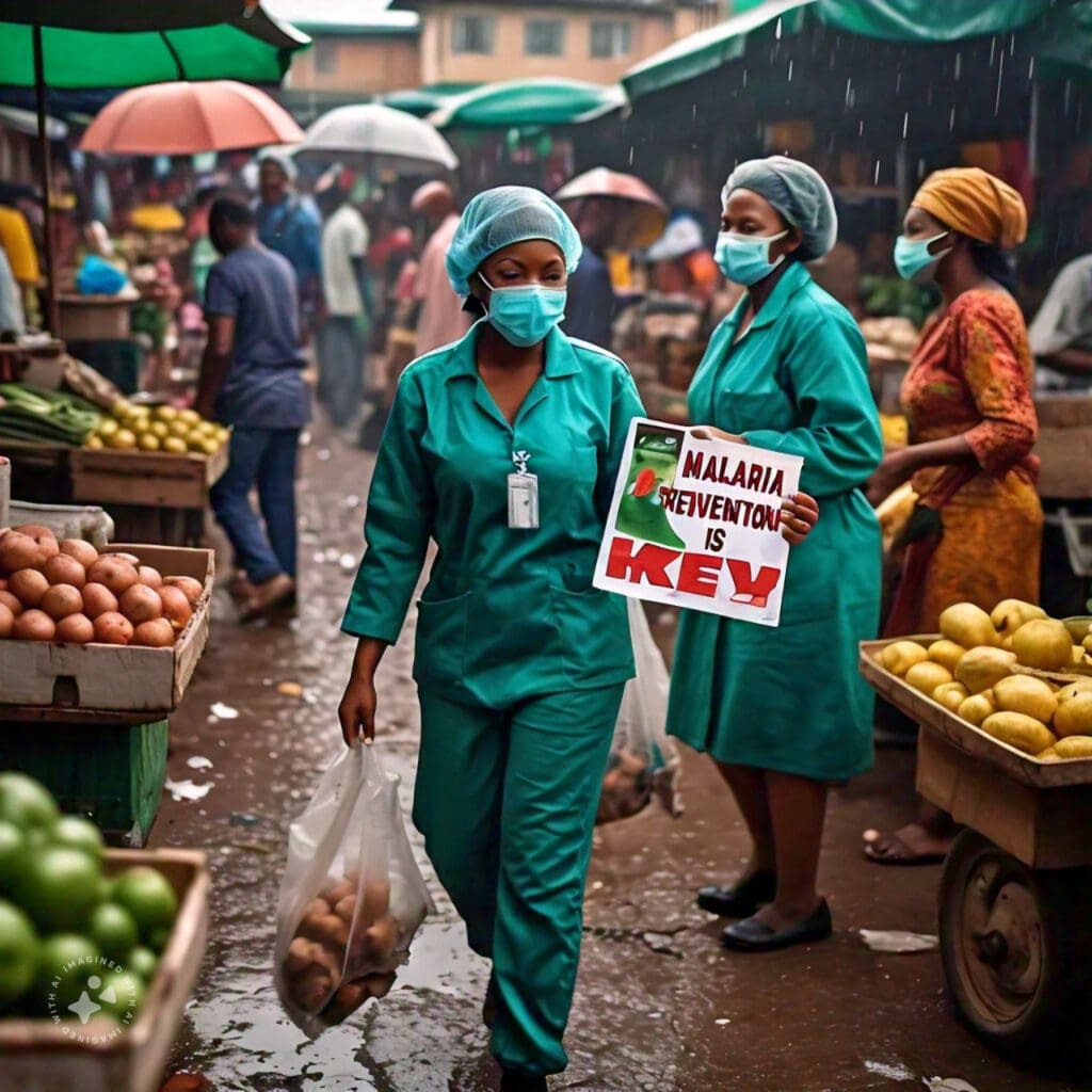 A Health care provider sensitizing Market People on ways to prevent malaria