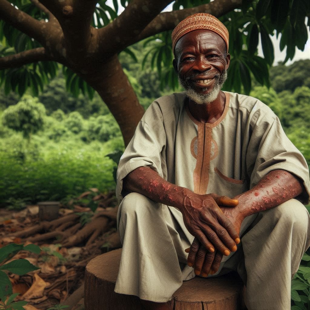 a man that sitting under the tree and has blistering rashes- shingles