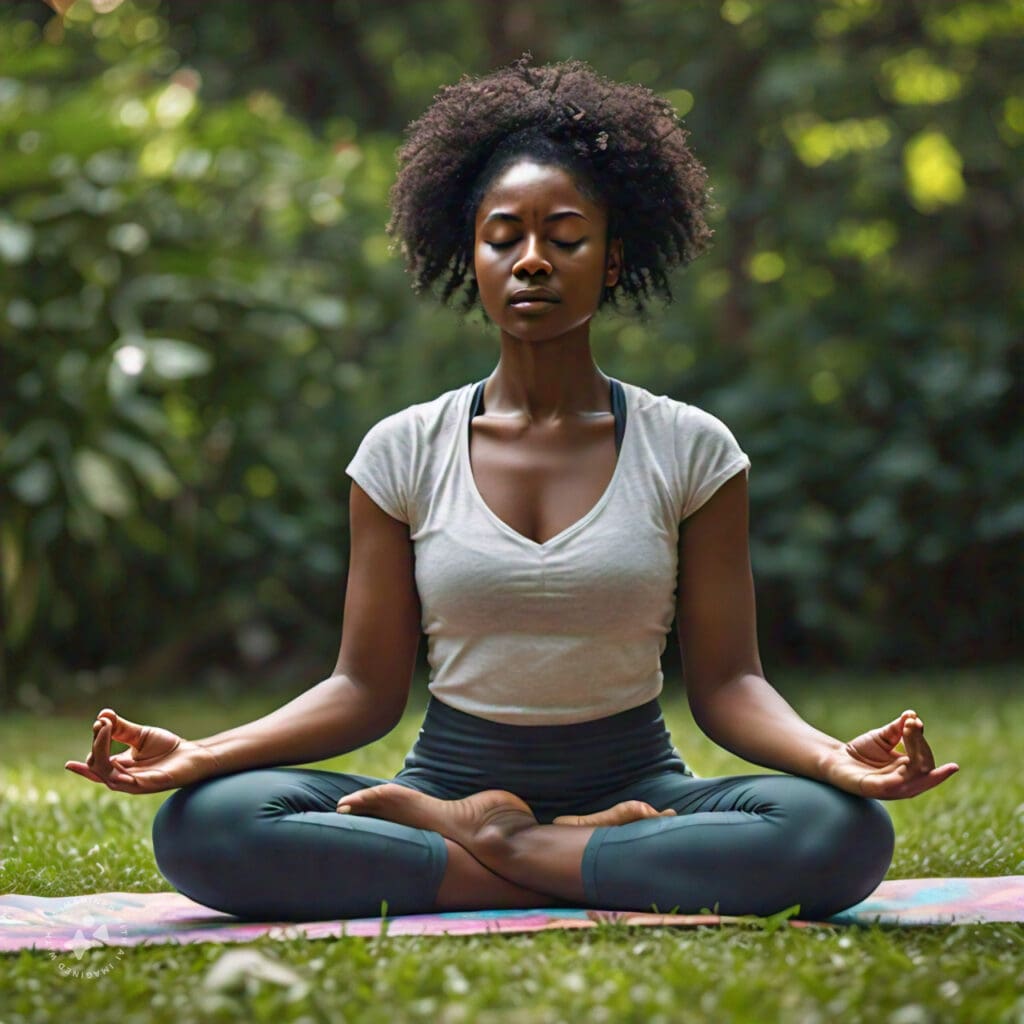 A person meditating outdoors, practicing stress management to reduce hypertension risk
