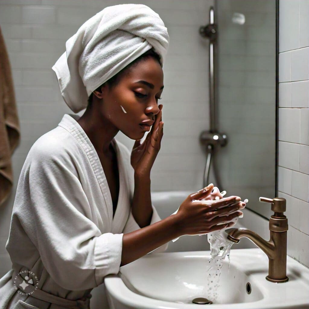 A person cleansing their face to prevent harmful skin conditions