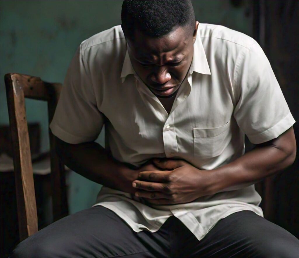 Person experiencing stomach upset holding their stomach in discomfort.