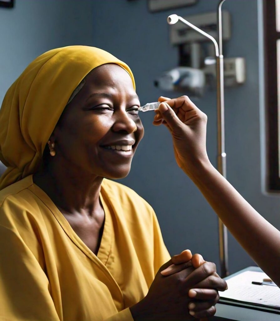 Person applying prescription eye drops as a treatment for reducing intraocular pressure caused by glaucoma