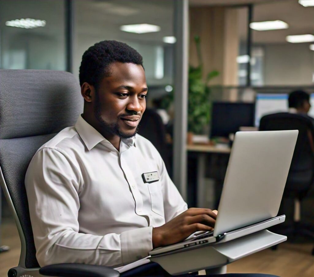 Nigerian tech worker maintaining correct posture while working on a laptop to avoid musculoskeletal issues.